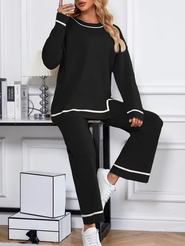 Vista 8 de I2CRAZY Conjunto de suéter para mujer, 2 piezas, manga larga, cuello redondo, cintura alta, pierna ancha, conjuntos de ropa de descanso