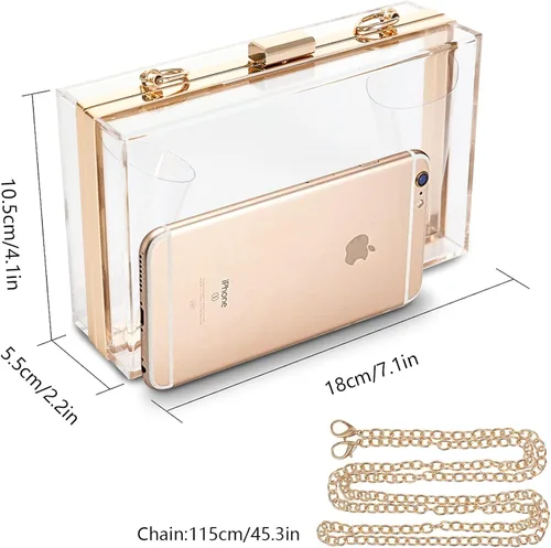 Vista 2 de WJCD - Bolso de mano de acrílico transparente para mujer, bolso de hombro con correa de cadena de dorada desmontable