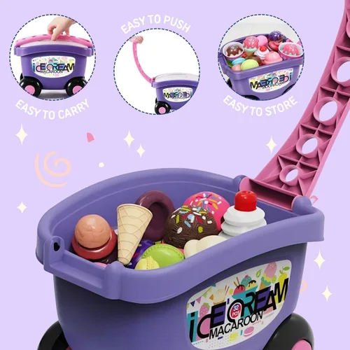 Vista 7 de Juego de 32 carros de helados para niños pequeños, juego de postre de macarrón, accesorios de cocina, carrito de helados