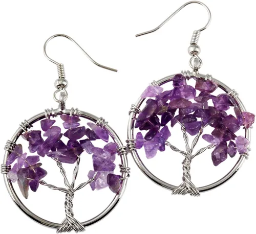 Vista 9 de SUNYIK - Aretes para mujer estilo retro, con piedras en forma de el árbol de la vida. Rosado