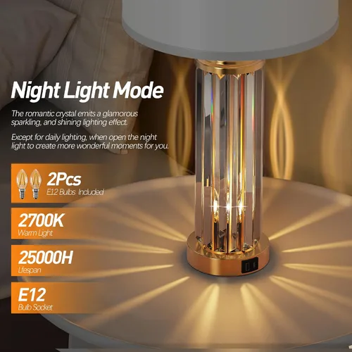 Vista 3 de QiMH Juego de 2 lámparas de mesa doradas para dormitorio, con luz nocturna, moderna lámpara de noche con 2 puertos de carga USB A+C, lámpara