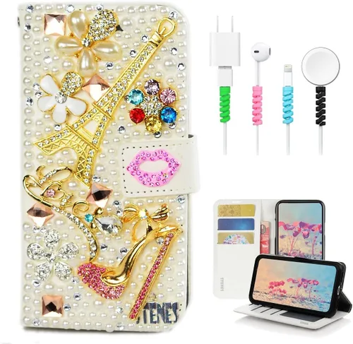 Vista 11 de Bling - Funda tipo cartera compatible con Samsung Galaxy S23 Ultra, elegante - Funda de cuero con diseño de lazo hecho a mano en 3D con protector