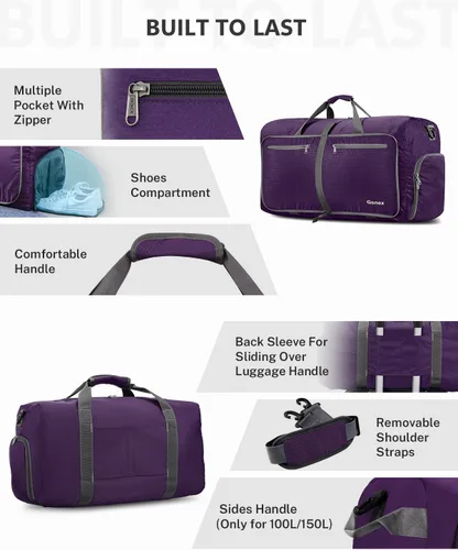 Vista 6 de Gonex Bolsa de viaje plegable grande de 40 L, 60 L, 80 L, 100 L, 150 L, con compartimento para zapatos, plegable, ligera, repelente al agua, bolsa