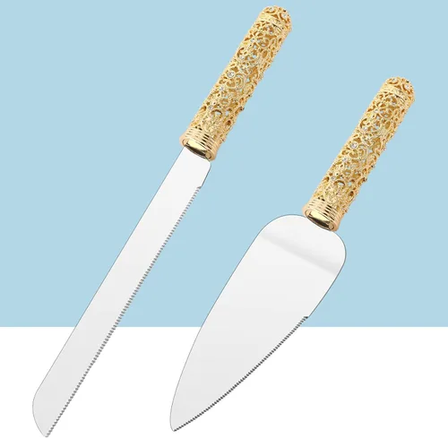 Vista 10 de Juego de cuchillo y servidor de plata para boda, juego de 2 piezas de postre con mango de metal con piedras de cristal para decoración de bodas