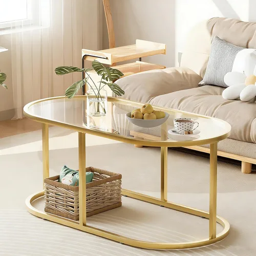 Vista 13 de Mesa de café Wolawu Mesas de café de vidrio negro para sala de estar, mesa de centro ovalada con marco de metal resistente, mesas de acento modernas