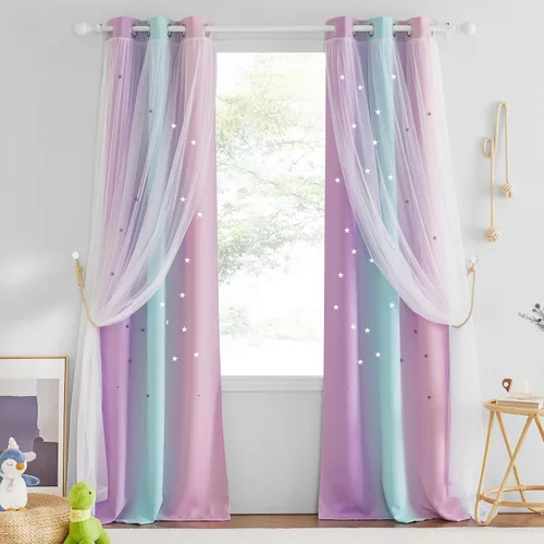 Vista 52 de NICETOWN Cortinas para Dormitorio de Niñas Infantiles con Estrellas Caladas Ventana 2 Capas Cortina 63 Pulgadas de Longitud Oscurecimiento