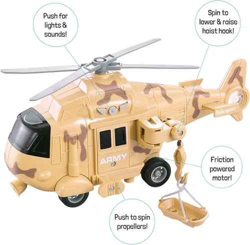 Vista 3 de Vokodo Paquete de 5 unidades de vehículos de las Fuerzas Armadas, vehículos eléctricos de fricción, incluye helicóptero, tanque y figuras