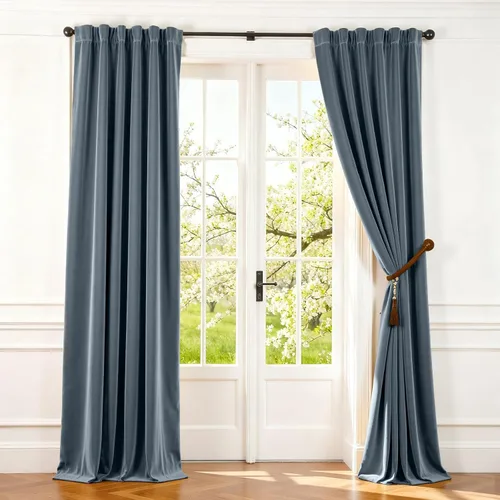 Vista 22 de Lazzzy Cortina opaca de terciopelo azul con aislamiento térmico para dormitorio, sala de estar, oscurecimiento de privacidad, cortinas de terciopelo
