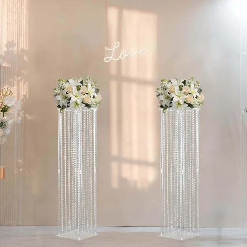 Vista 16 de Efavormart - Jarrón de pedestal de acrílico resistente de 40 pulgadas con cuentas de cristal colgantes, soporte de pilar transparente, centros