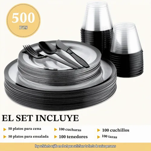 Vista 3 de Norme Juego de vajilla de plástico desechable de 500 piezas para 100 invitados, juego de vajilla desechable para cumpleaños, boda, fiesta de 100
