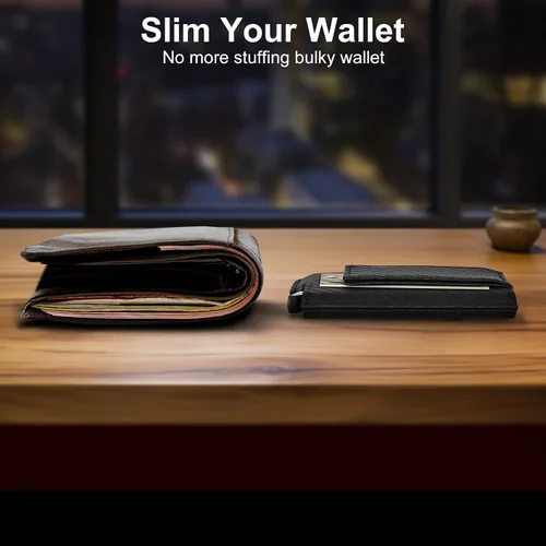Vista 5 de Dinghao Cartera delgada con clip magnético de aluminio para bloquear RFID, estuche automático emergente para tarjetas, Negro fibra de carbono