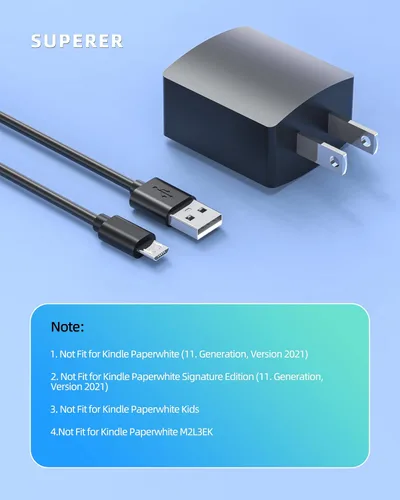 Vista 6 de Superer Cargador de CA apto para Amazon Kindle Paperwhite E-Reader modelo DP75SDI EY21 PQ948KJ con cable USB de carga de 5 pies de largo
