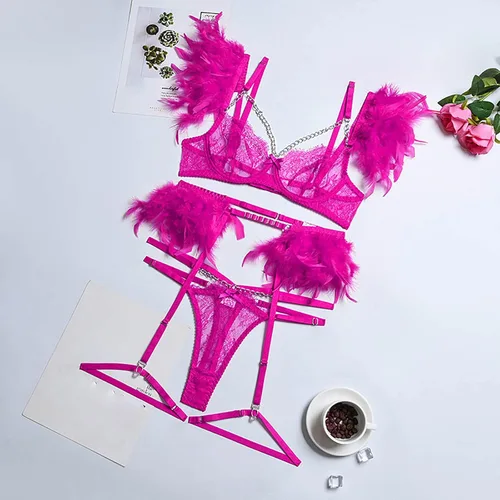 Vista 2 de Lencería para mujer sexy exótico encaje sujetador y bragas conjunto con liguero Sluttly Bodydoll ropa de dormir para sexo travieso L524