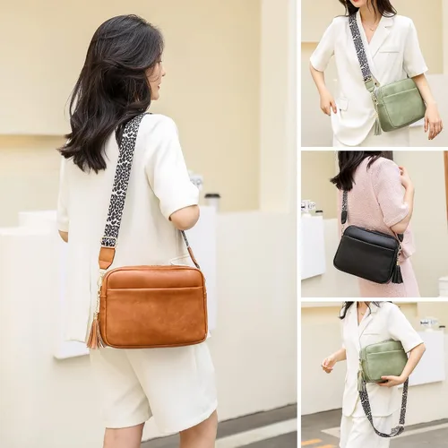 Vista 2 de Bolso cruzado de cuero para mujer con cremallera y hombro para cámara