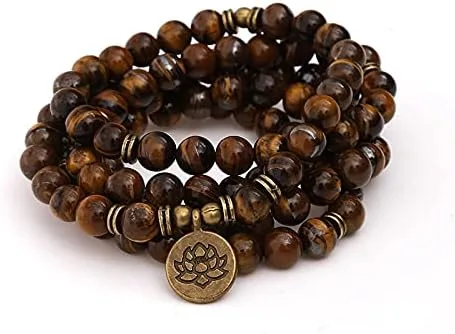 Vista 2 de Pulsera o collar con cuentas de piedra de ojo de tigre de 0.315in para yoga, loto OM, Buddha 108 Mala para hombres y mujeres