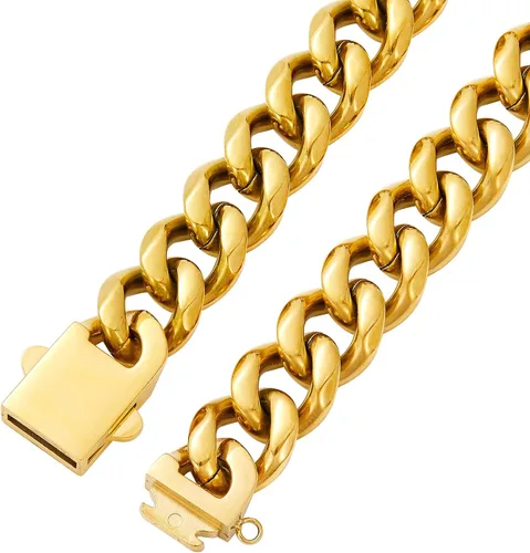 Vista 8 de SUNEW Collar para caminar con diseño de placa de identificación de perro con hebilla segura, collar de cadena de eslabones cubanos resistente a