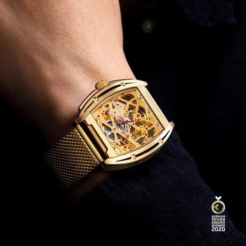 Vista 7 de CIGA Design Reloj de pulsera mecánico de acero inoxidable dorado con correa de silicona de zafiro con una correa de acero inoxidable