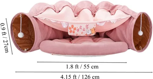Vista 5 de Tubo de cama de túnel para gatos 2 en 1 con cojín y bola de felpa, parque infantil plegable para gatos grandes, gatitos, cachorros, perros pequeños
