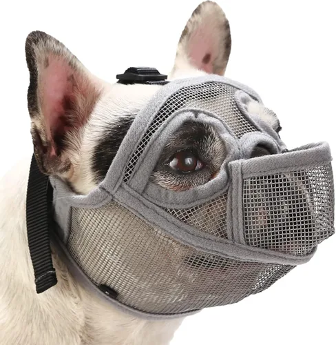 Vista 9 de BARKLESS Bozal de bulldog francés, bozal corto de malla para perro con diseño de lengua hacia fuera para perro de cara plana Shih Tzu Bulldog Negro