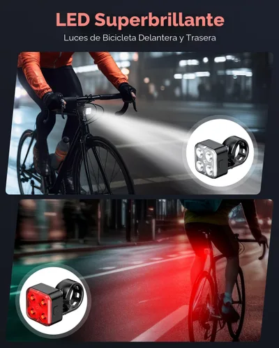 Vista 2 de Juego de luces de bicicleta Akale, luces recargables para bicicleta delanteras y traseras, 4 opciones de modo de luz, faro de bicicleta, resistencia