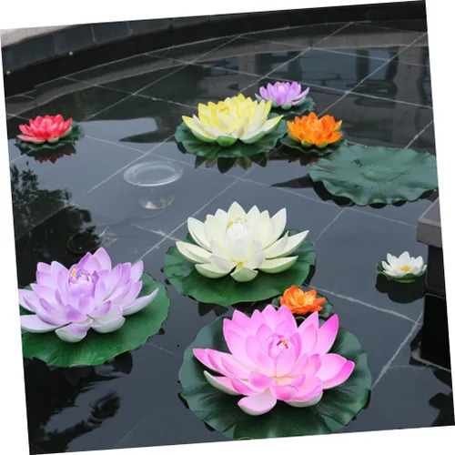 Vista 2 de 7 piezas de flores de loto flotantes artificiales para decoración de piscina, decoración de loto de agua, adornos falsos de lirio de agua