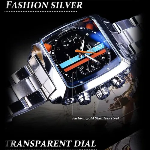 Vista 3 de MASTOP Reloj de pulsera mecánico de moda para hombre, correa de acero inoxidable, diseño único, automático, viento automático, Mecánico