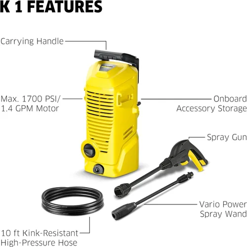 Vista 2 de Kärcher Hidrolavadora K 1, Máx 1.45 GPM, 1700 PSI, Pistola Rociadora de Gatillo y Lanza de Pulverización Vario Power - para Autos, Bicicletas