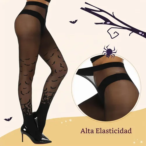 Vista 6 de MANZI Medias de Halloween para mujer, a rayas, con estampado de murciélagos y nailon Mallas con estampado de murciélagos