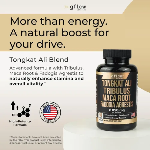 Vista 2 de gflow vitamins Tongkat Ali para hombres y mujeres, fórmula extra fuerte con Fadogia Agrestis y Tribulus con raíz de maca, resistencia, vitalidad