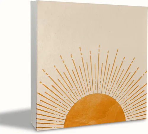 Vista 9 de KEUSPI Decoración de escritorio bohemia, retro, neutro, amanecer, puesta de sol, sol, rústico, bloque de madera, letrero para caja de placa bohemia