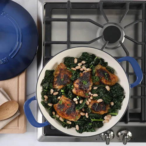 Vista 3 de Martha Stewart Gatwick Enameled Cast Iron Braiser with Lid, 3.5-Quart Braiser Pan for Stovetop & Oven, Cast Iron Braising Pan, Blue