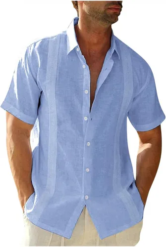 Vista 4 de Camisa casual de algodón y lino con botones para hombre, ajuste regular, bordado, borde bordado, manga corta, camisa de playa