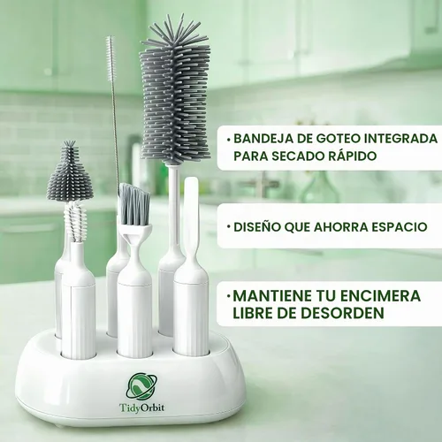 Vista 4 de Juego de cepillos para botellas 6 en 1 con soporte, kit de limpieza multiusos para biberones, botellas de agua reutilizables, popotes y tapas, sin