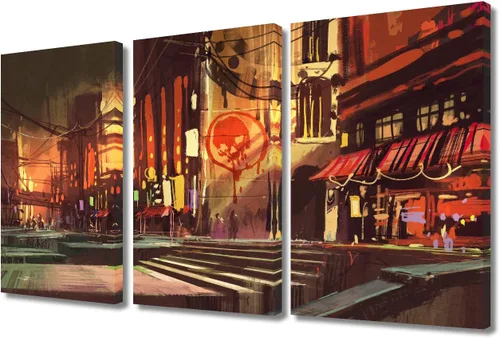 Vista 73 de Arte de pared de 3 piezas de escena de ciencia ficción de la calle comercial futurista paisaje urbano, decoración de pared para dormitorio