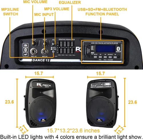 Vista 2 de RECK DC 12 portátil de 12 pulgadas, 1000 vatios, sistema de altavoces Dj/PA alimentado de 2 vías, conjunto combinado con Bluetooth/USB/lector