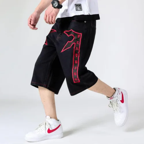 Vista 5 de HZCX FASHION Pantalones cortos de mezclilla largos bordados de talla grande para hombre, debajo de la rodilla, pantalones capri