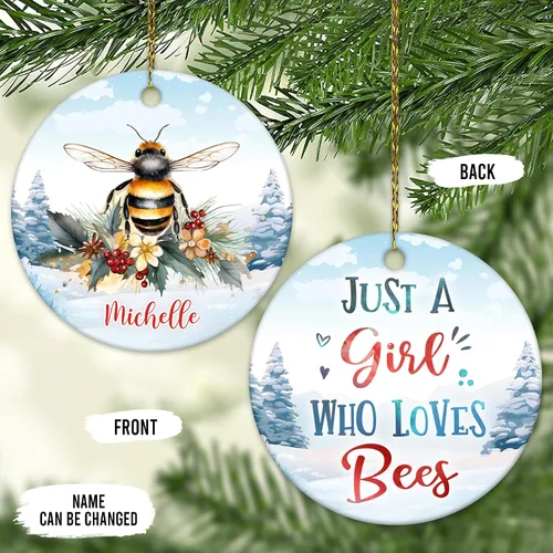 Vista 2 de Hyturtle Adorno de Navidad personalizado, con nombre personalizado, círculo de cerámica, para amantes de las abejas, decoración de árbol, regalo