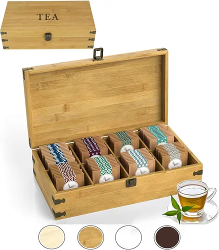 Vista 15 de Caja organizadora de té segura para alimentos, libre de productos químicos, baúl de almacenamiento de bambú, cubos ajustables