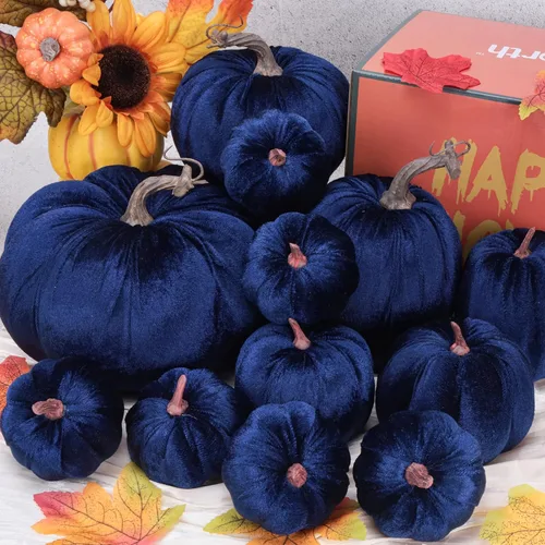 Vista 5 de Gresorth 12 calabazas artificiales de terciopelo grandes, decoración de Azul