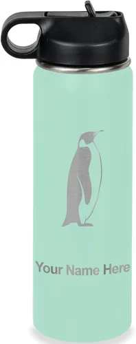 Vista 53 de LaserGram Botella de agua personalizada, pingüino, acero inoxidable de doble pared aislada al vacío con popote superior, regalo grabado
