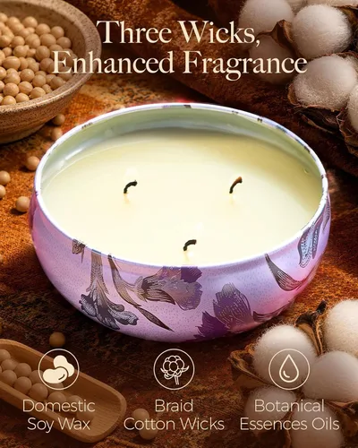 Vista 10 de M&SENSE Velas aromáticas de bayas cítricas, vela grande de lata de soja de 3 mechas, más de 40 horas de tiempo de combustión, cera vegana 100%