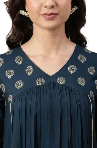 Vista 7 de Janasya Kurta de rayón verde azulado para mujer india