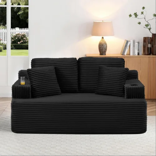 Vista 15 de Sofá sin hueso de 66.5 pulgadas con portavasos y bolsillos laterales, sofá biplaza tapizado de tela de pana moderna con 2 almohadas para sala