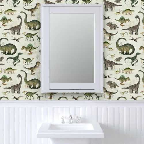 Vista 9 de Spoonflower Papel tapiz para despegar y pegar - Dinosaurios grandes Verde Niños Gris Animales Niños Ilustración Dino Papel pintado extraíble