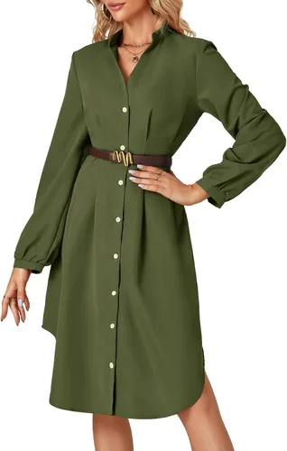 Vista 4 de LYANER Vestido camisero midi de manga larga con cuello en V plisado y botones para mujer