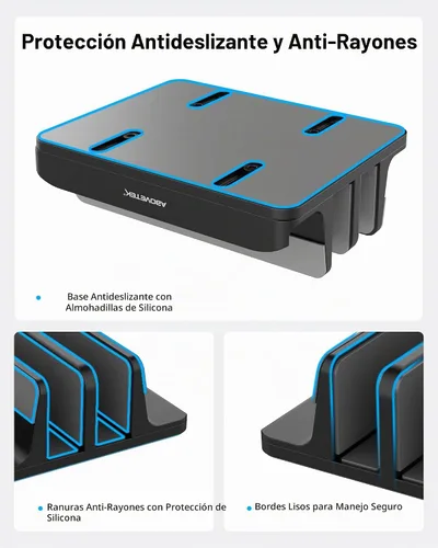 Vista 6 de Soporte vertical para portátil AboveTEK, soporte de escritorio de aluminio con 3 ranuras y base ajustable para tableta, MacBook, teléfono - Ajuste