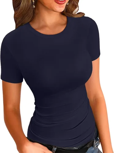 Vista 13 de VICHYIE Fall Clothes Womens Crewneck Ribbed Long Sleeve Shirts Slim Fitted Tee Casual Basic Tshirt Top Negro