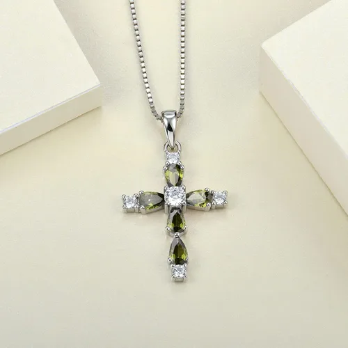 Vista 4 de YL Collar de cruz de piedras preciosas de plata de ley 925 con piedra natal religiosa, joyería para mujer