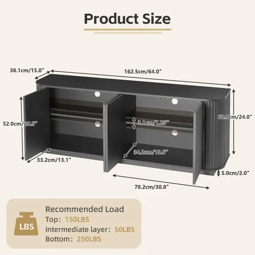 Vista 2 de Aparador de buffet de 64 pulgadas con almacenamiento, moderna credenza acanalada con estantes ajustables, mesa consola de barra de café de madera