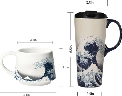 Vista 9 de Taza de cerámica de viaje de Voltugar con tapa y asa para el hogar y la oficina, taza de té alta de porcelana con diseño de olas y caja